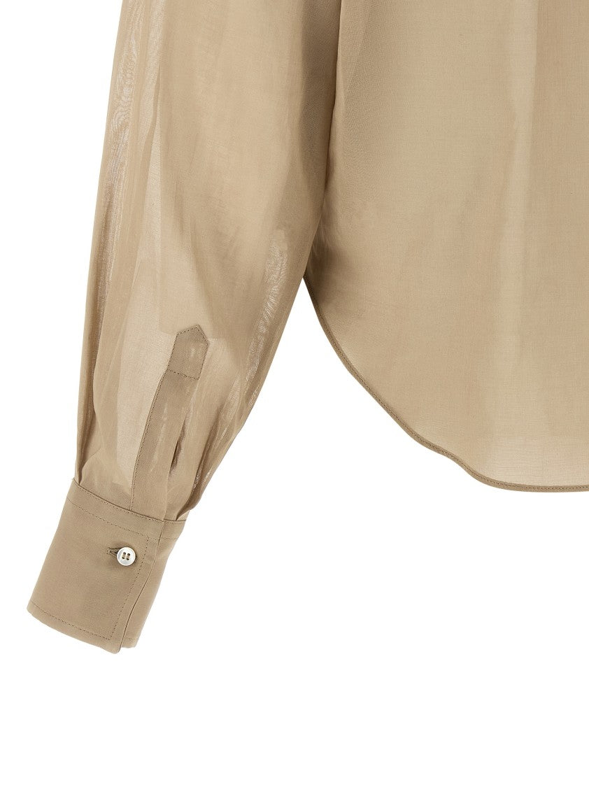 Brunello Cucinelli Semi-Transparent Cotton Taffeta Shirt With Asymmetric Hem And Rolled Knot Detail