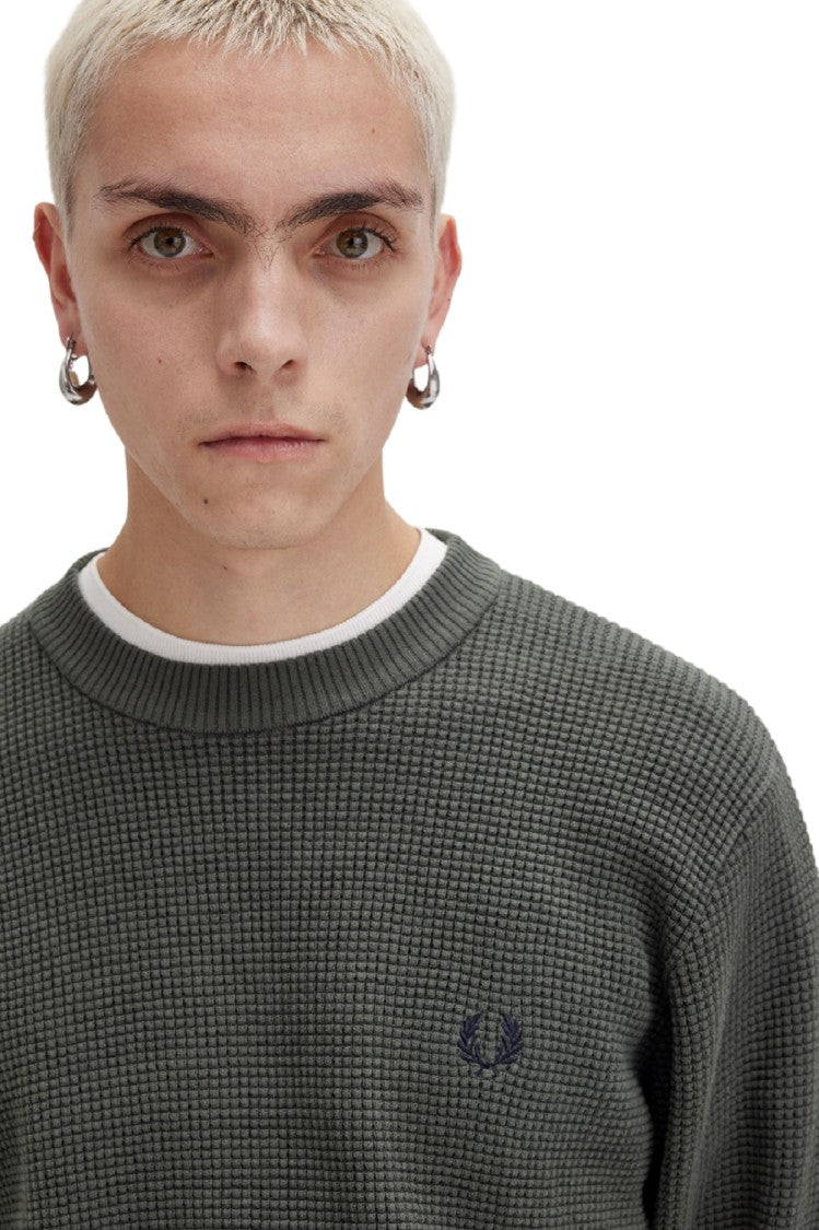 Fred Perry Green Textured Crew Neck Sweater