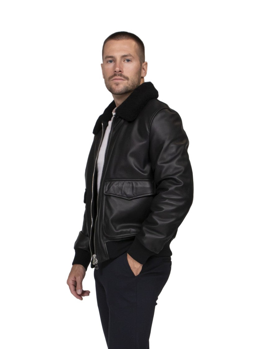 Dondup Black Leather Plush Collar Bomber Jacket
