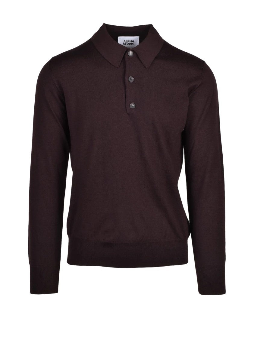 Alpha Studio Brown Extrafine Merino Wool Polo Shirt