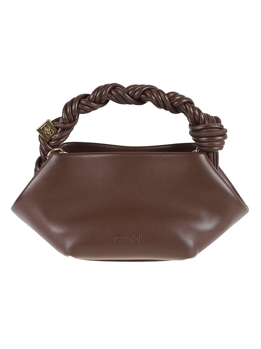 Ganni Geometric Brown Structured Handbag With Braided Handle And Adjustable Strap