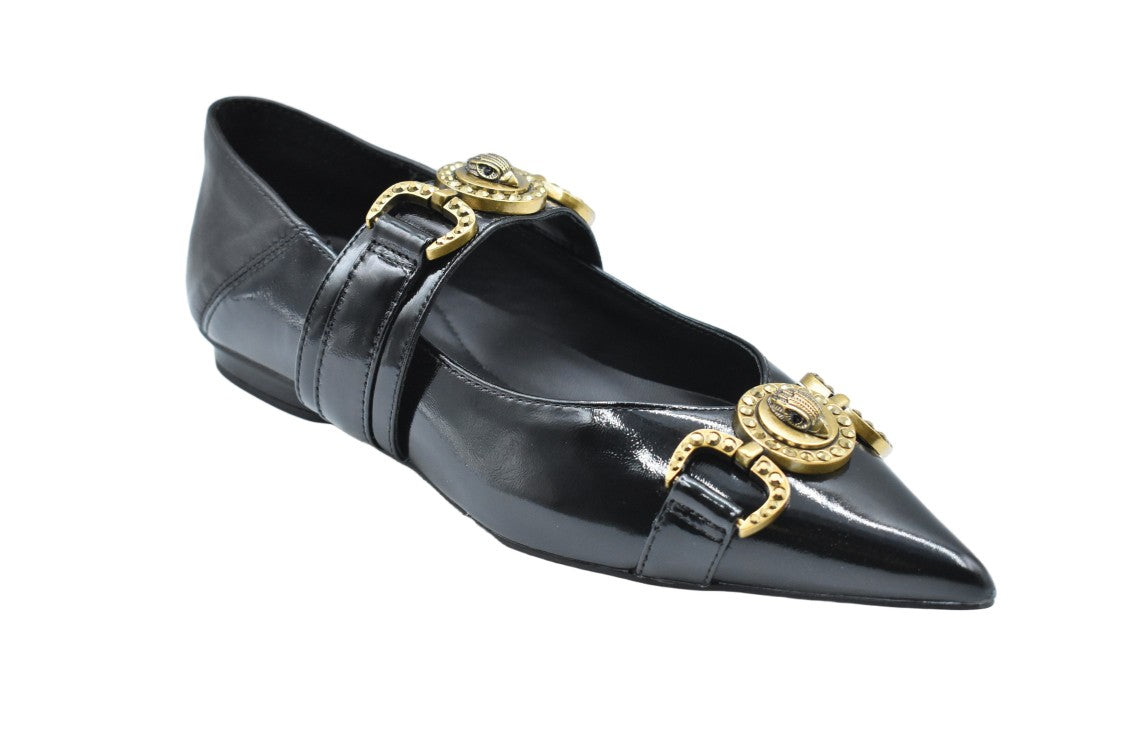 Kurt Geiger Pointed-Toe Black Flats With Decorative Gold Hardware
