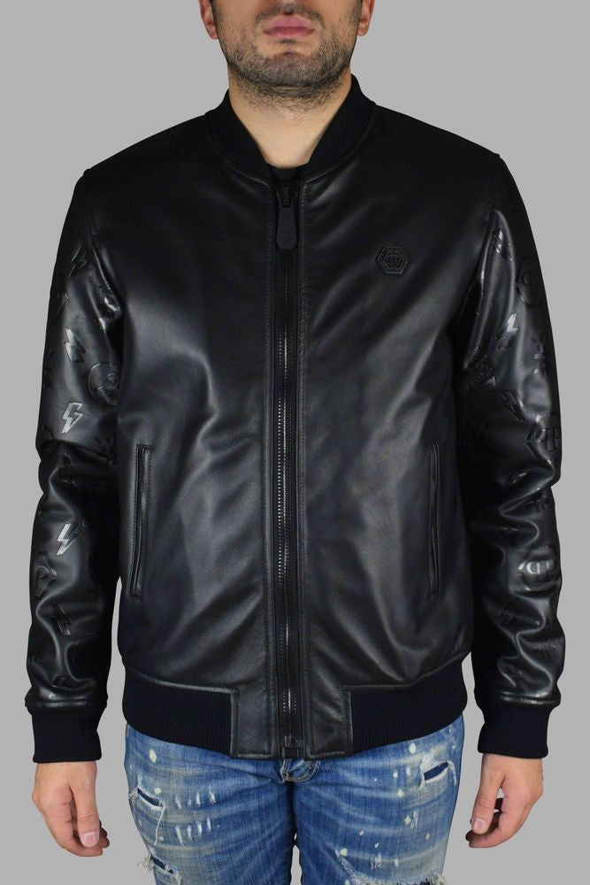 Philipp Plein Black Leather Bomber Jacket