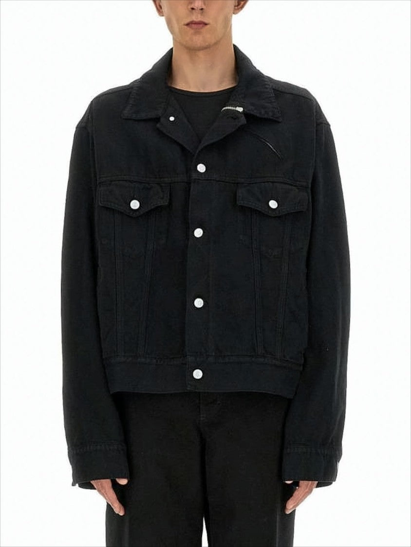 Mm6 By Maison Margiela Cropped Black Denim Jacket With Classic Collar And Boxy Fit