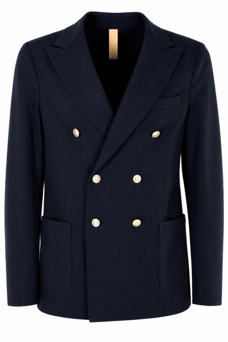 Eleventy Blue Double-Breasted Patch Pockets Cotton-Blend Blazer