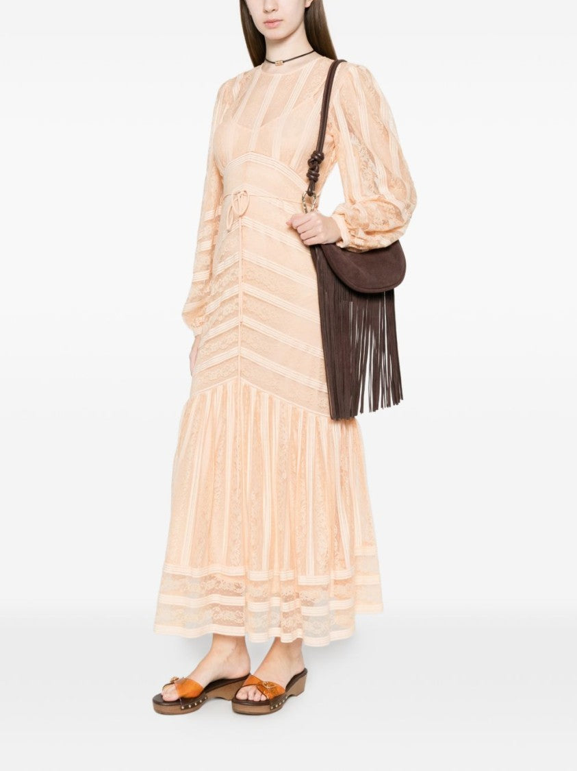 Twin-Set Pink Striped Lace Ruffle Hem Maxi Dress