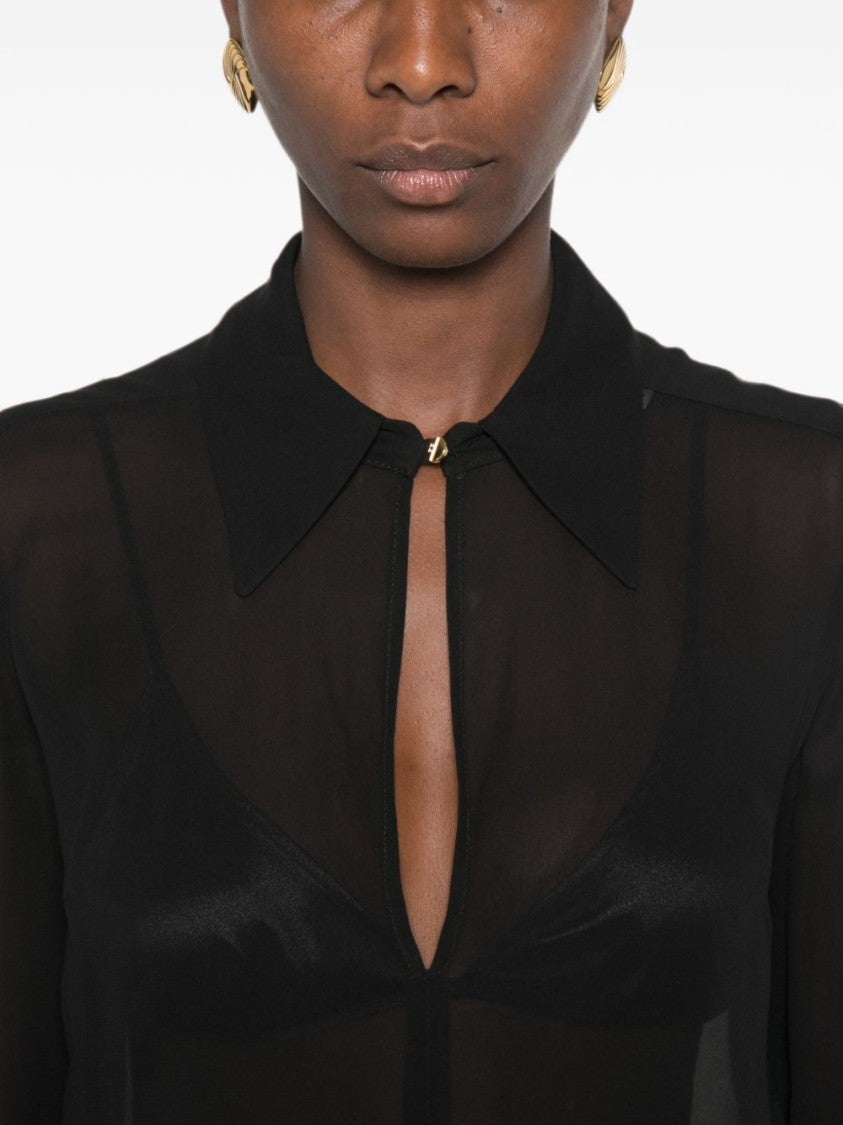 Elisabetta Franchi Sheer Black Classic Collar Blouse