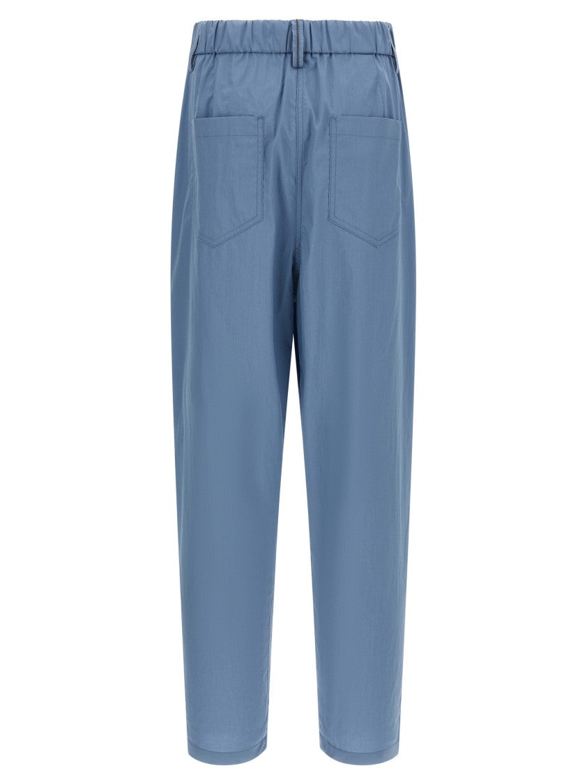 Brunello Cucinelli Straight Leg Cotton Poplin Pants With Monile Detail