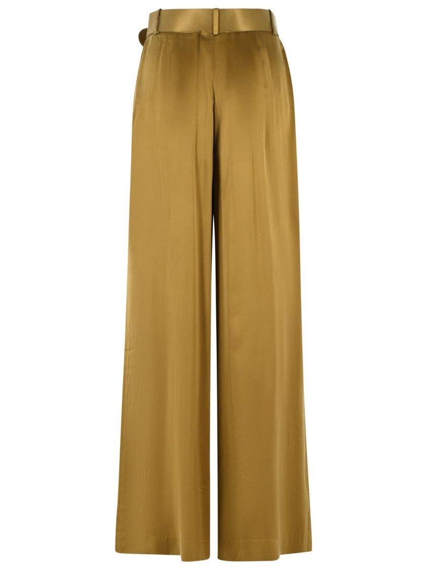 Zimmermann Olive Green Tuck High-Waisted Silk Wide-Leg Pants