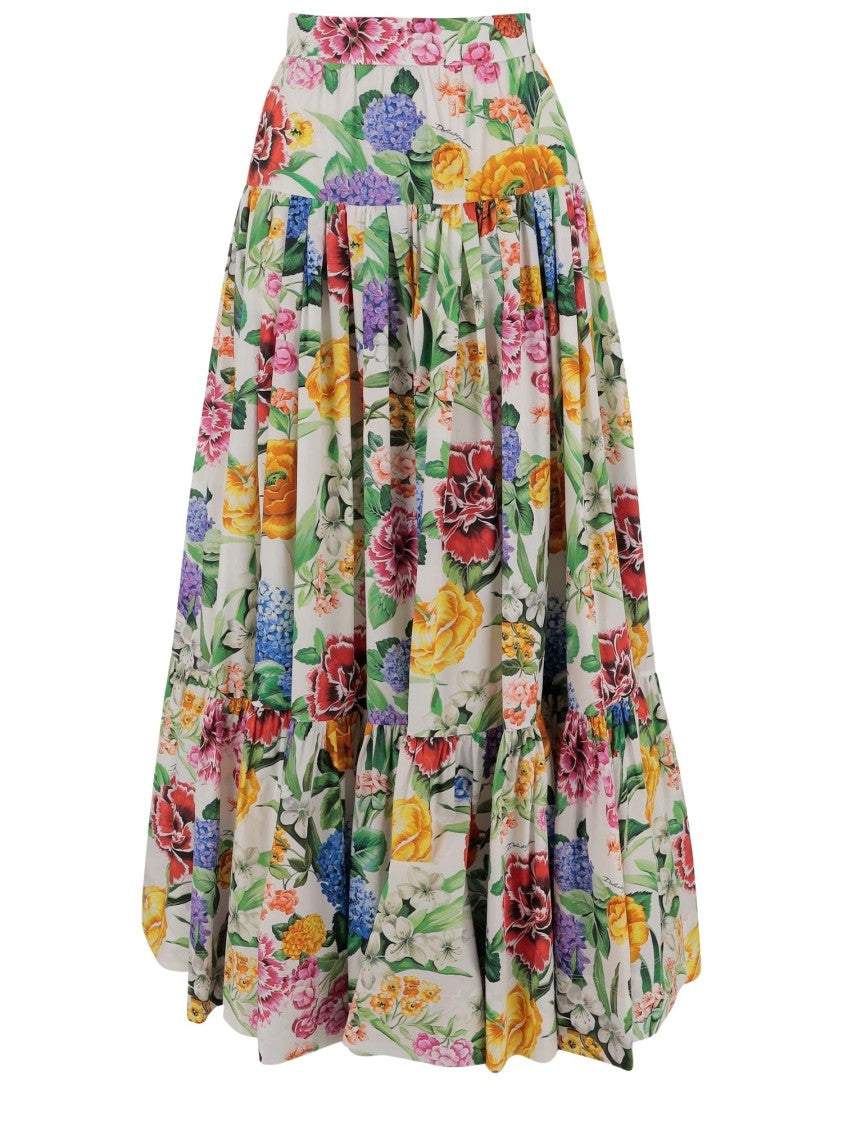 Dolce & Gabbana Long Ruffle Skirt In Cotton Poplin With Floral Pattern