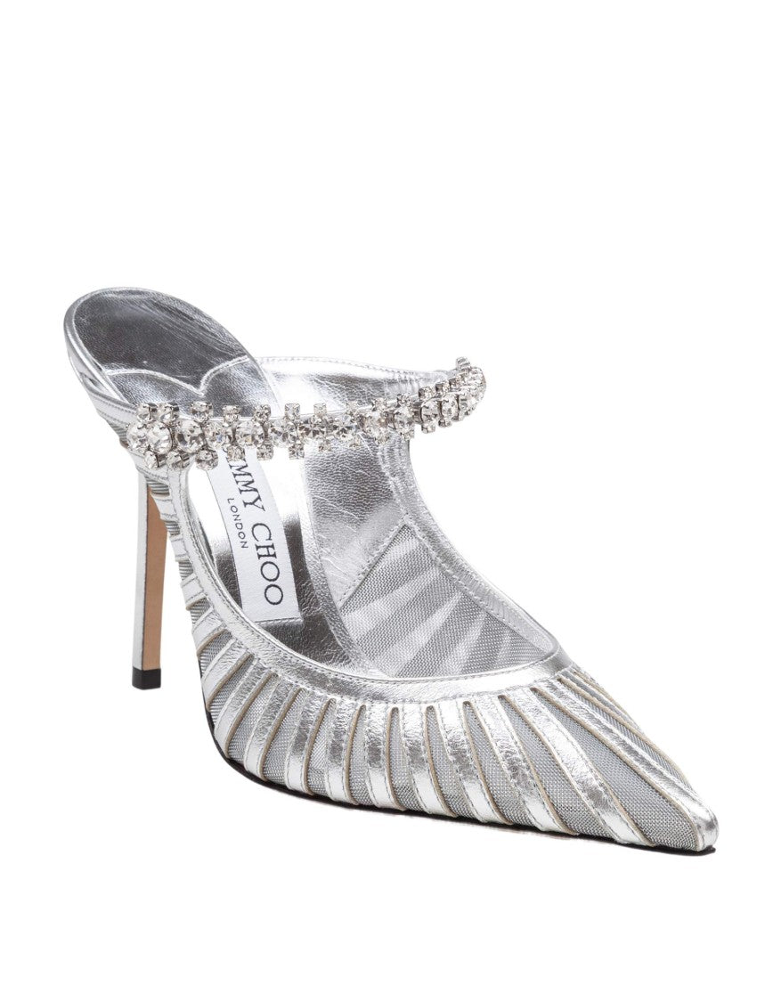 Jimmy Choo Pointed-Toe Silver Mules With Jeweled Instep Strap