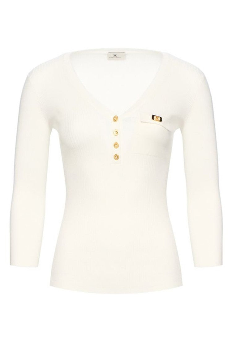 Elisabetta Franchi Ribbed V-Neck Sweater With Decorative Buttons