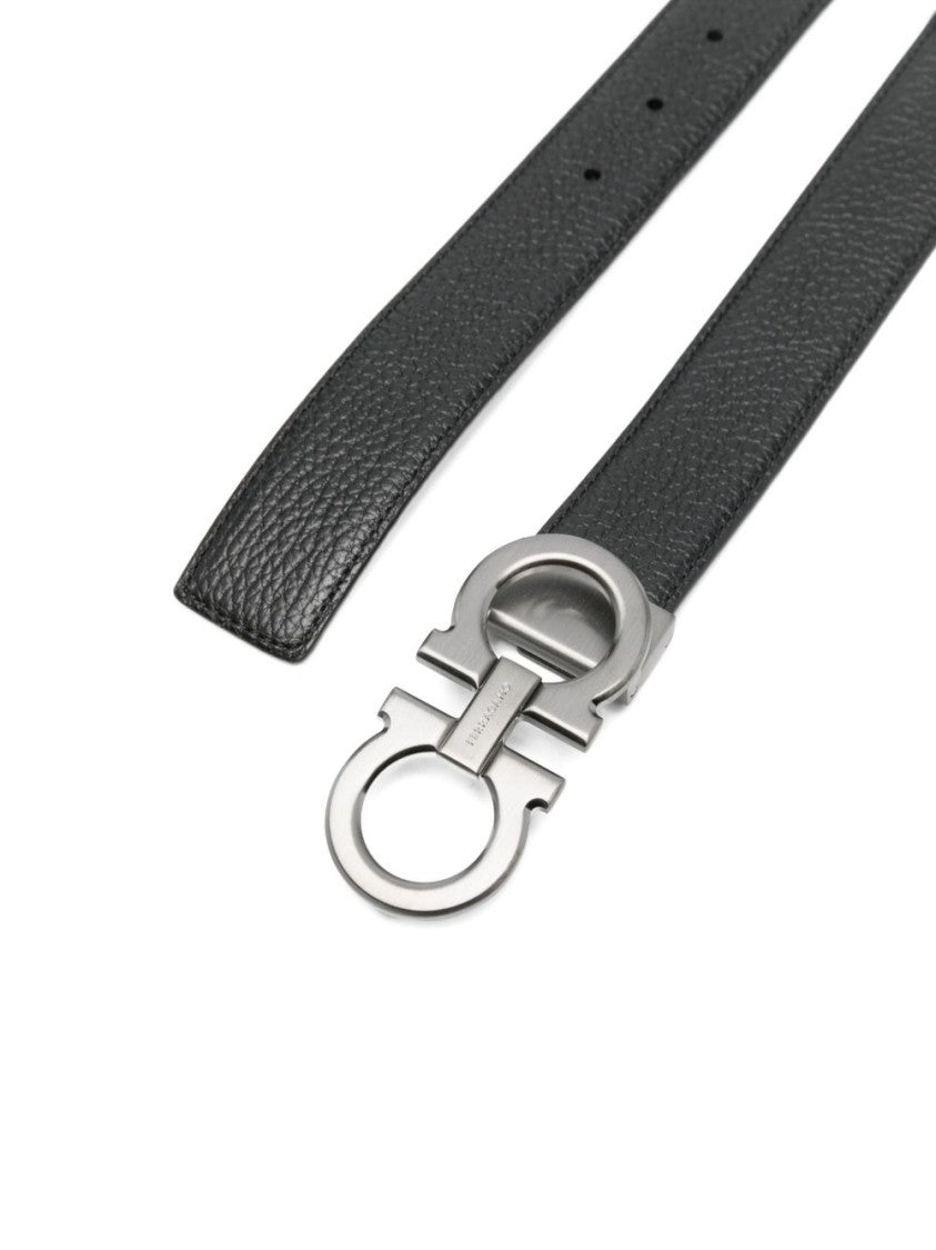 Ferragamo Black Textured Silver Double Gancini Belt