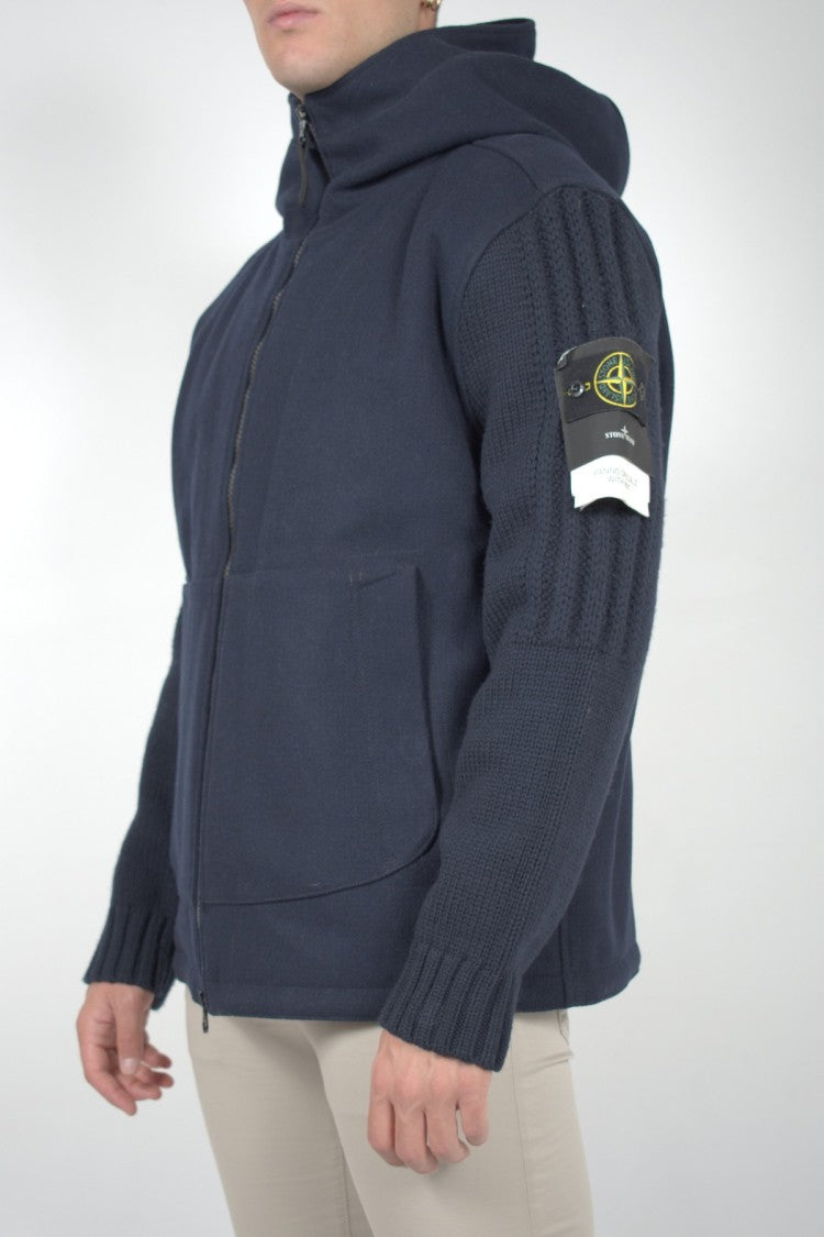 Stone Island Navy Hooded Full-Zip Wool-Blend Jacket