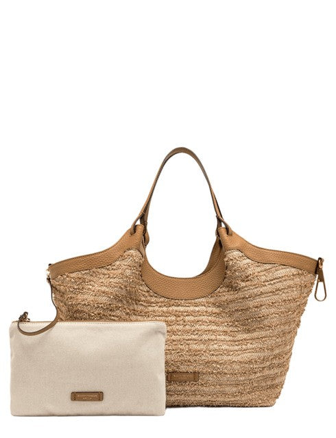 Gianni Chiarini Natural Straw Handbag With Logo And Pouch