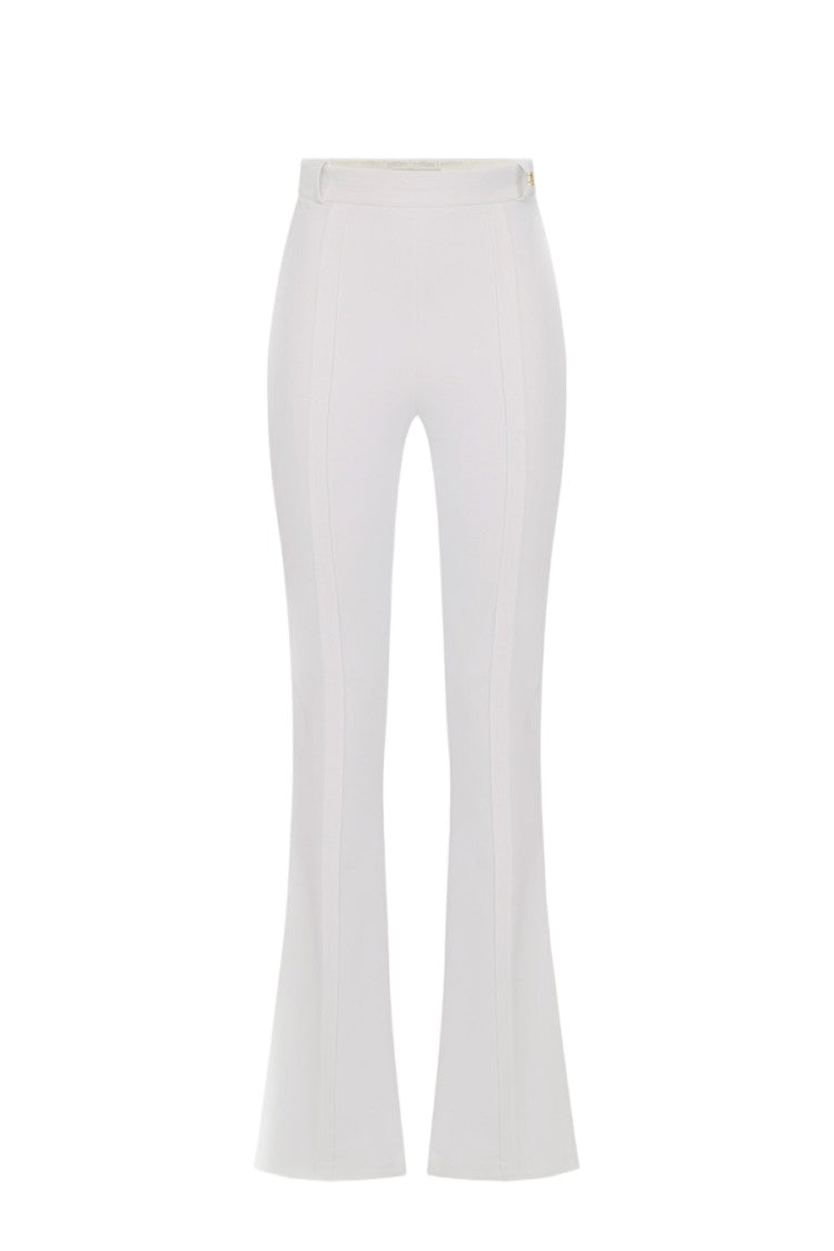Elisabetta Franchi Ivory High-Waisted Gold Side Buckle Polyester-Blend Flared Pants