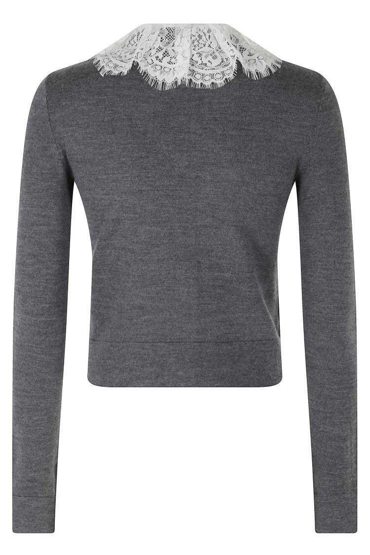 Self-Portrait Grey Merino Wool Lace Collar Jeweled Cardigan