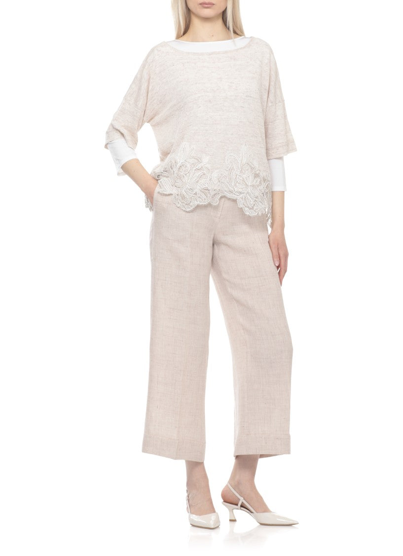 D. Exterior Beige Lace Linen-Blend Hem Short-Sleeved Top