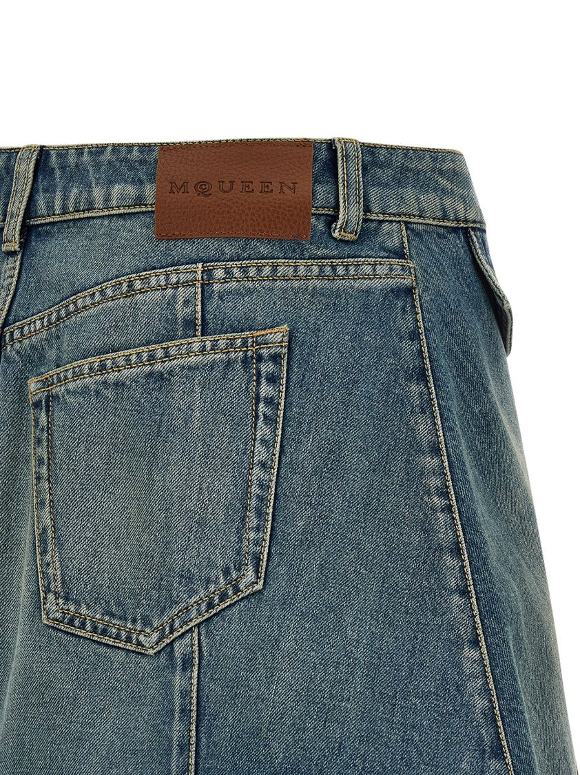 Mcqueen Flounced Delavé Cotton Denim Mini Skirt