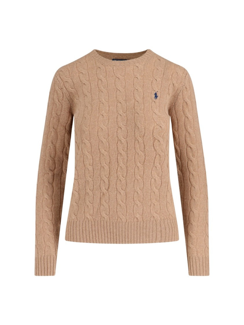 Polo Ralph Lauren Beige Cable-Knit Ribbed Crew Neck Sweater