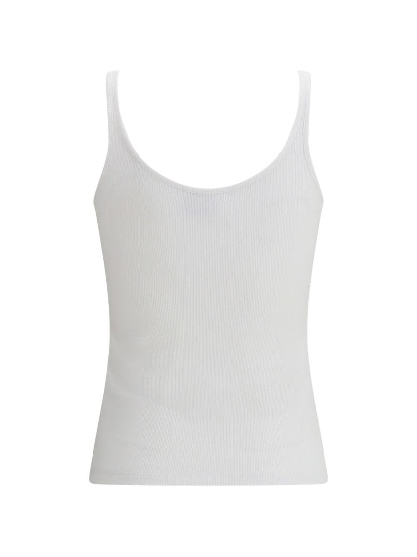 Off-White Scoop Neck Slim Fit Top With Ribbed Texture And Stamp Detail