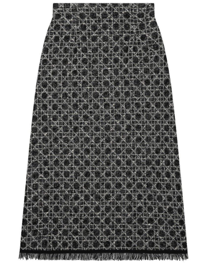 Dior Textured Black Midi Skirt With Geometric Design And Fringe Trim