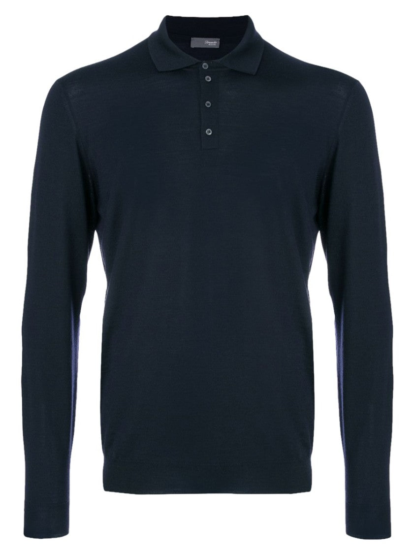 Drumohr Brown Long-Sleeved Merino Wool Polo Shirt