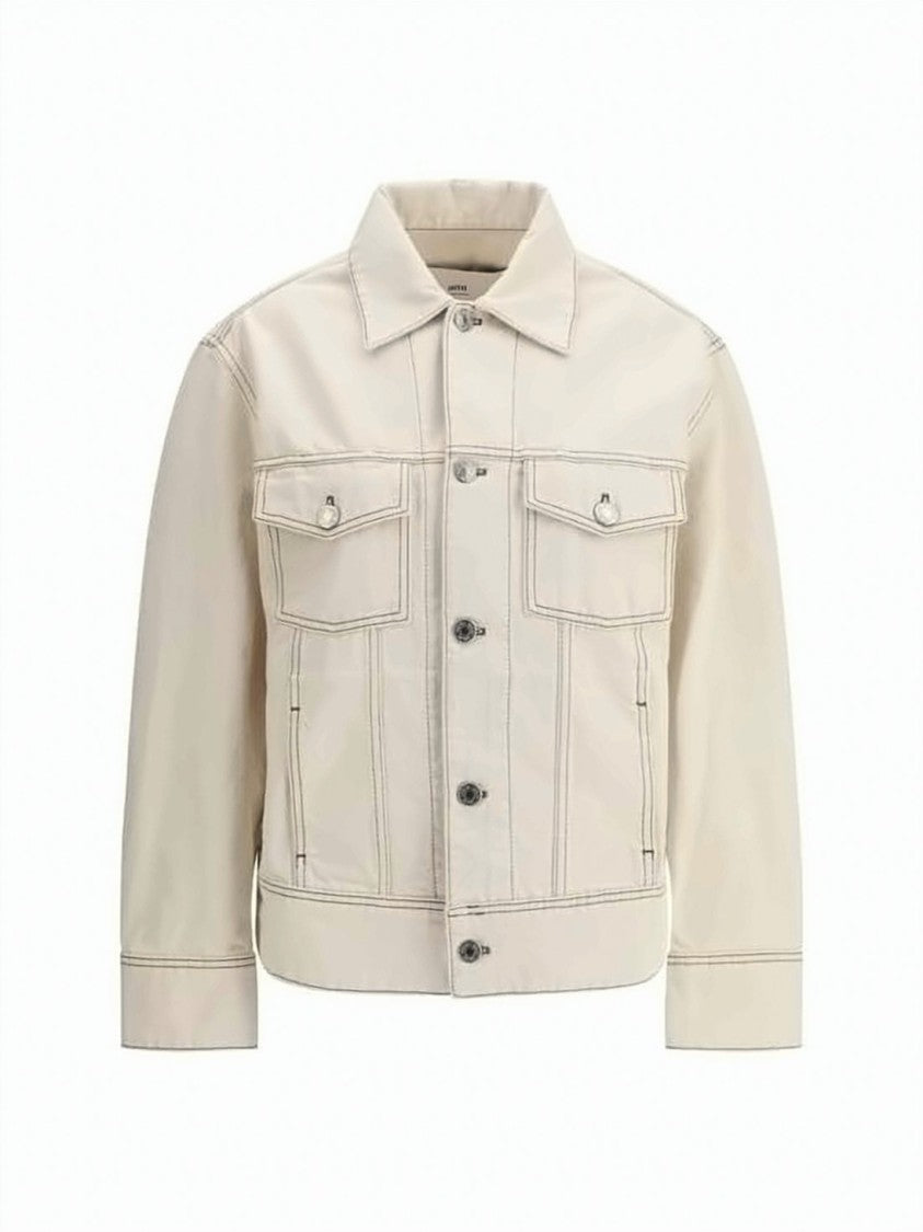 Ami Paris Cropped Denim Jacket With Flap Pockets And Embroidered Detail