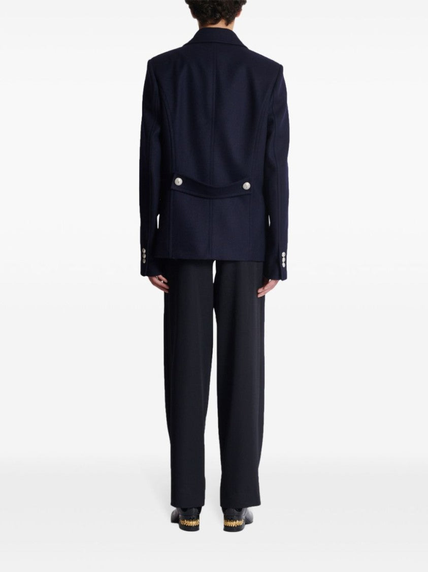 Balmain Navy Blue Virgin Wool Blend Double-Breasted Coat