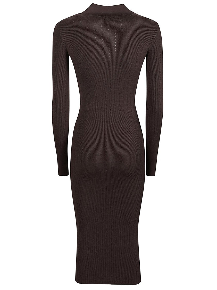 Elisabetta Franchi Fitted Ribbed Midi Dress With Deep V-Neckline And Classic Collar