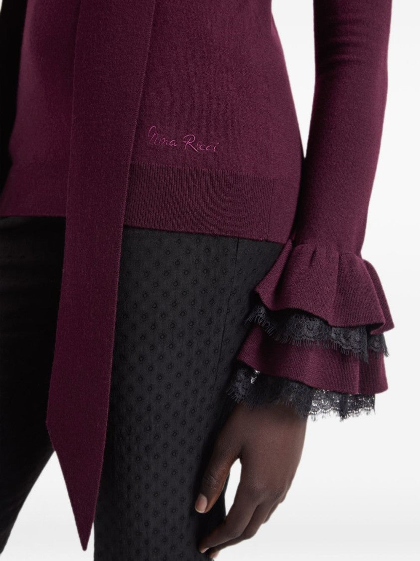 Nina Ricci Silk & Nylon Sweater With Ruffled Cuffs And Scarf Detail