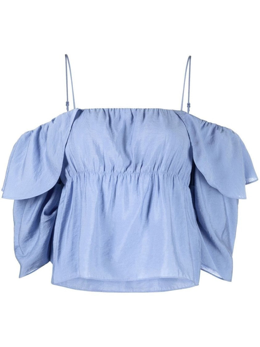 Vince Blue Paneled Off-Shoulder Ruffled Viscose-Blend Blouse