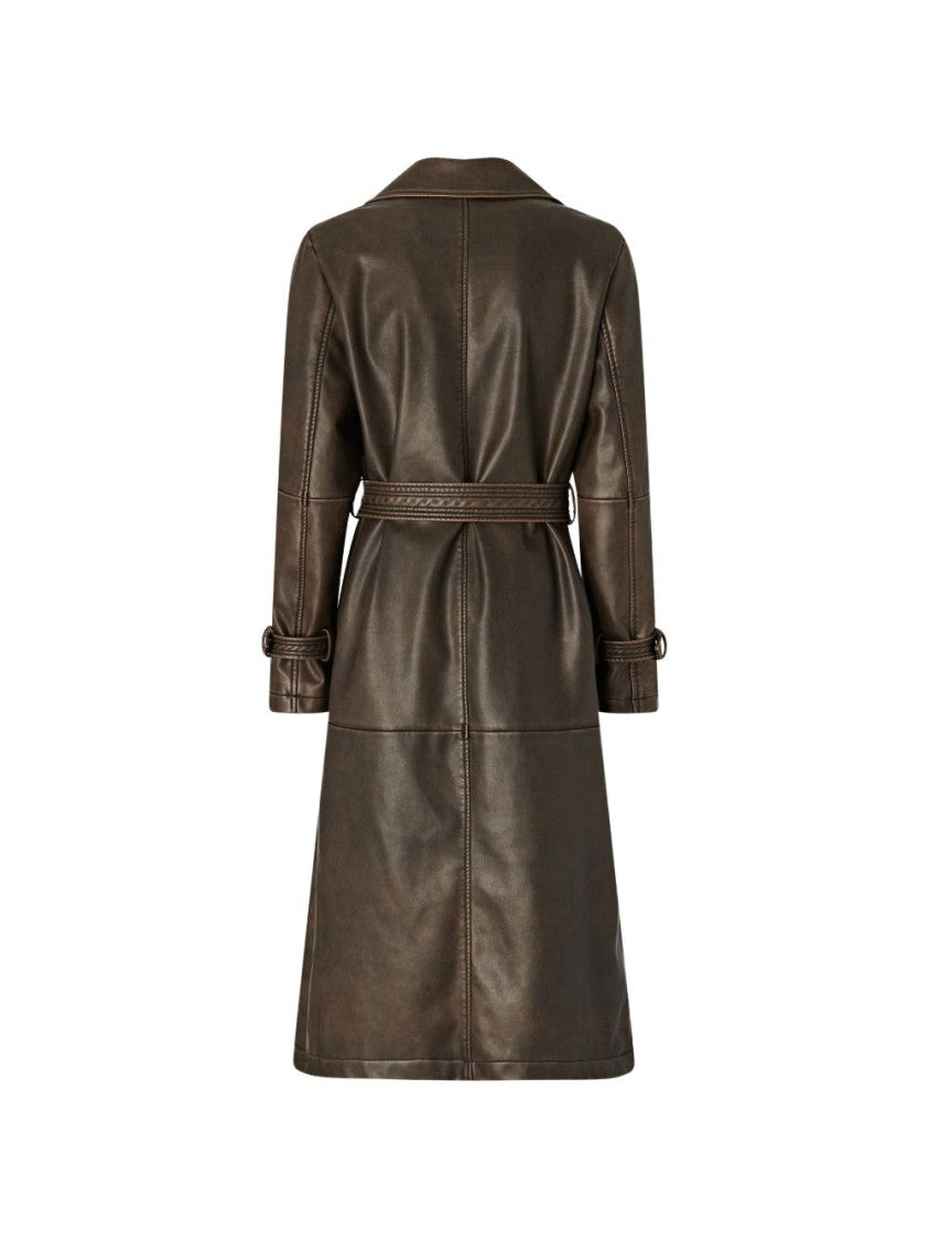 Pinko Dark Brown Knee-Length Double-Breasted Faux Leather Jacket