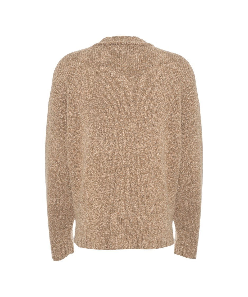 Amaranto Relaxed Brown Cardigan With V-Neck And Ribbed Details