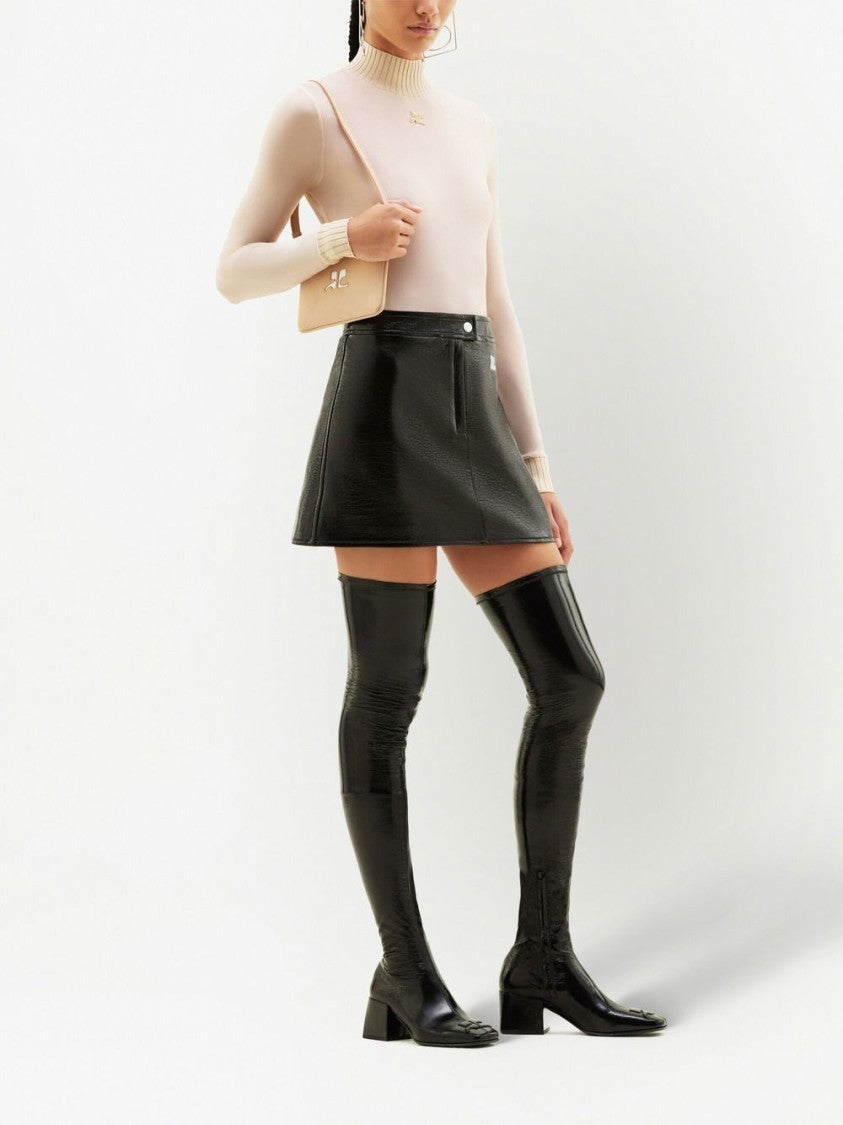 Courrèges Black Faux Leather A-Line Logo Skirt