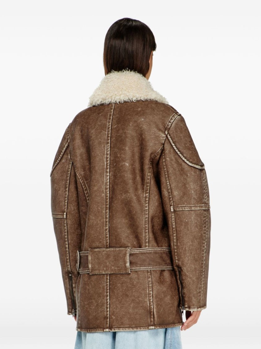 Diesel Distressed Brown Leather Coat With Plush Shearling Collar