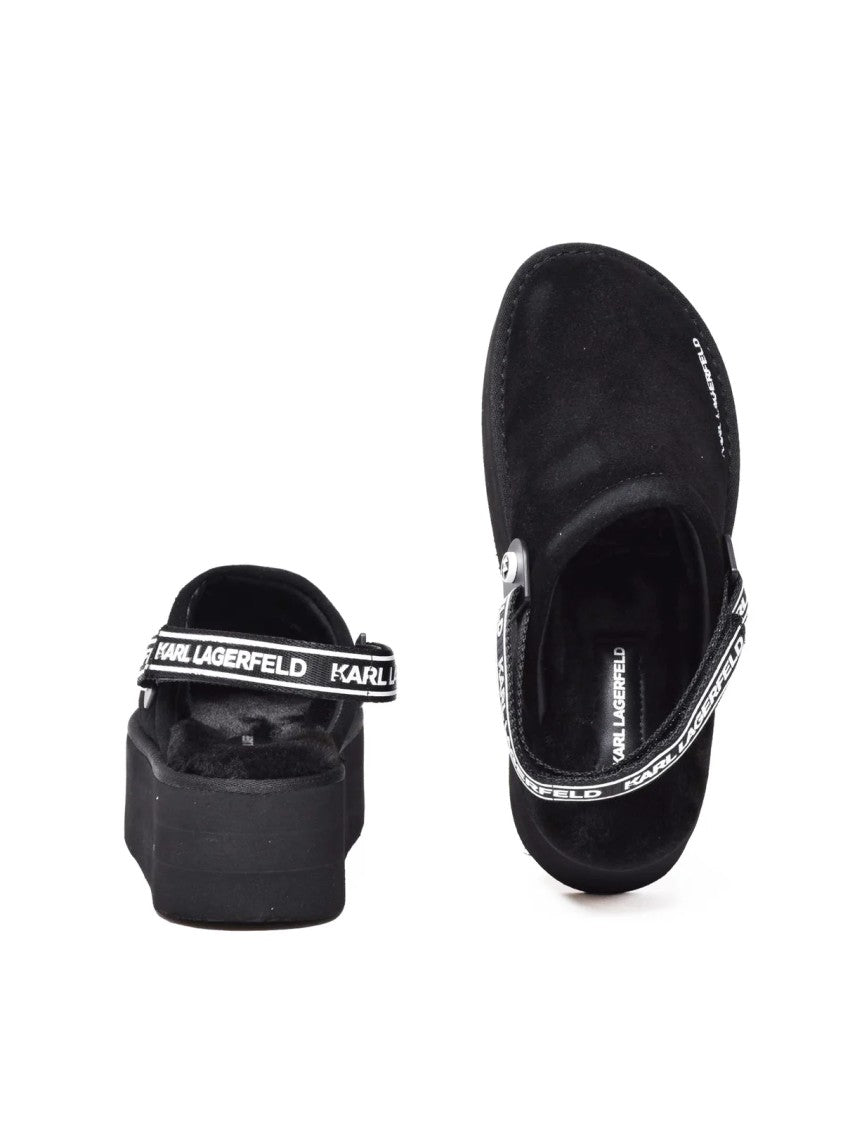 Karl Lagerfeld Black Suede Plush Mules