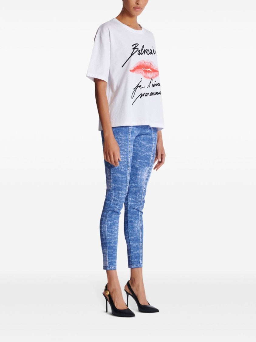 Balmain Kiss Print Oversized White T-Shirt With Script Logo