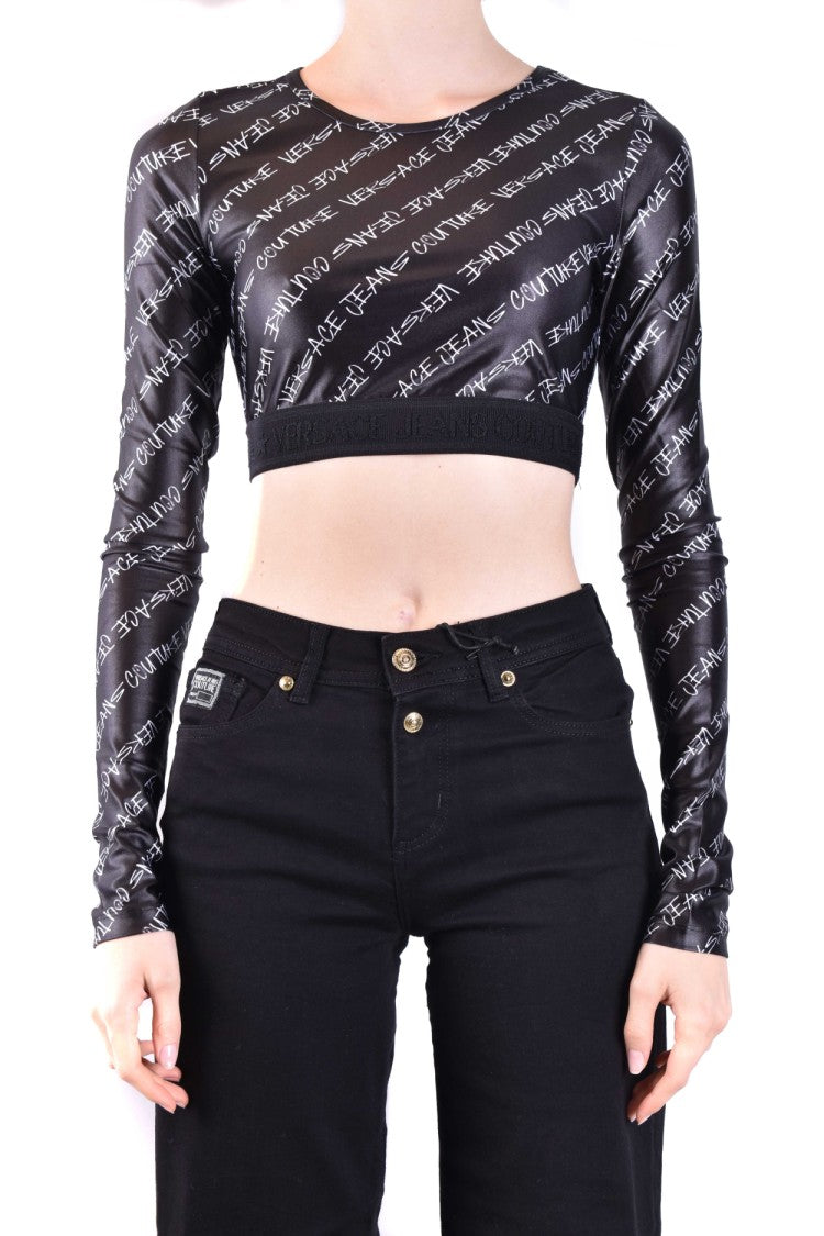 Versace Jeans Couture Long Sleeve Crop Top With Signature Logo Print And Luxurious Fit