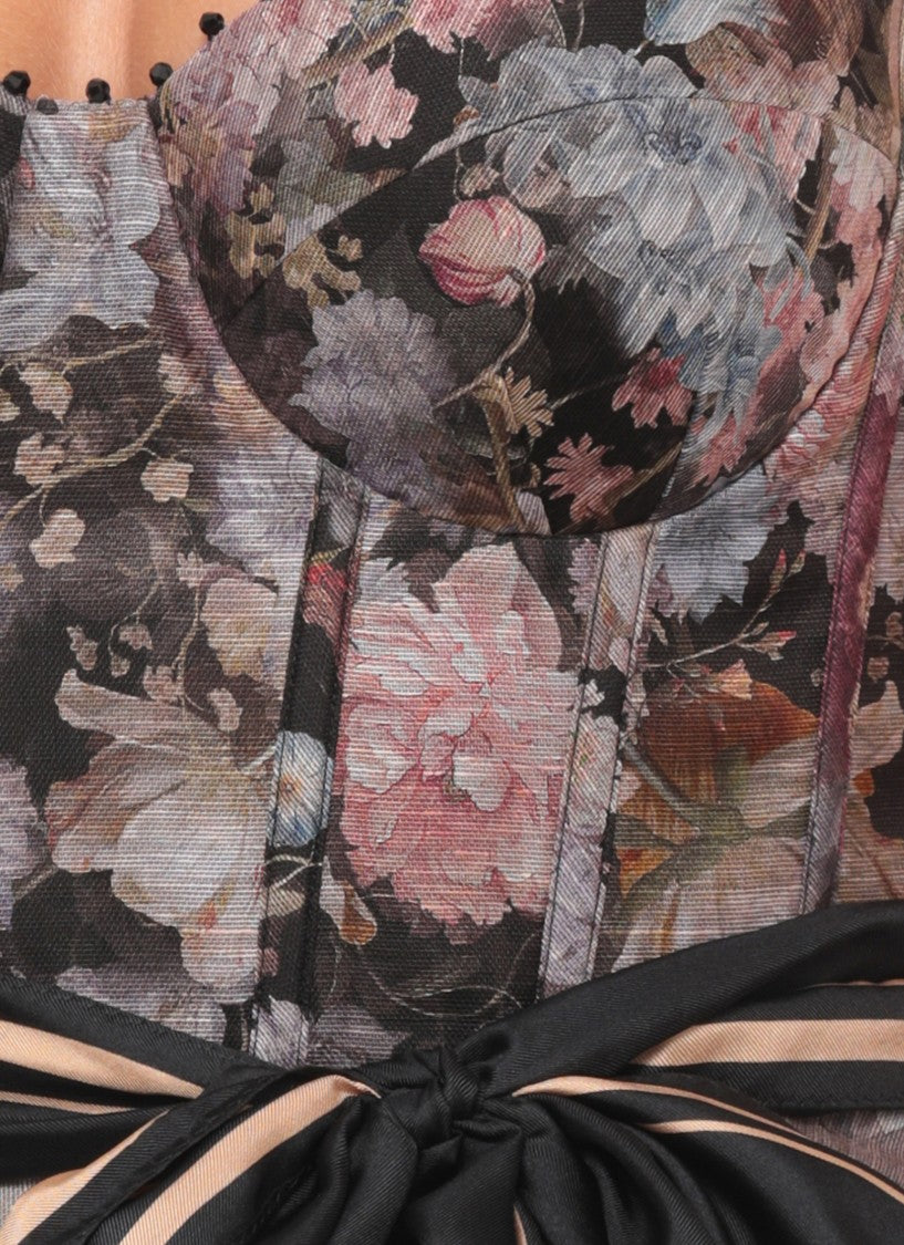 Zimmermann Floral Midi Dress With Bustier Bodice And Sheer Overlay