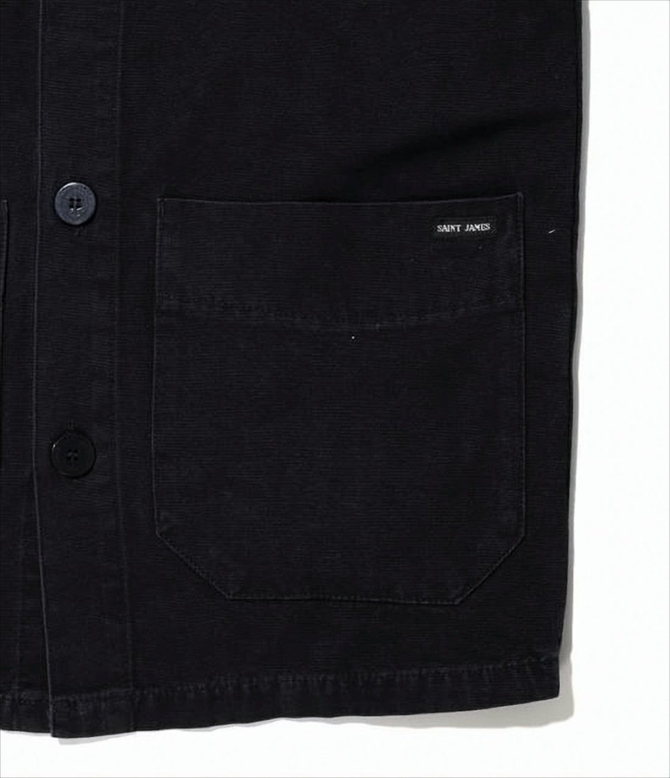 Saint James Button-Up Black Cotton Jacket With Pointed Collar And Patch Pockets