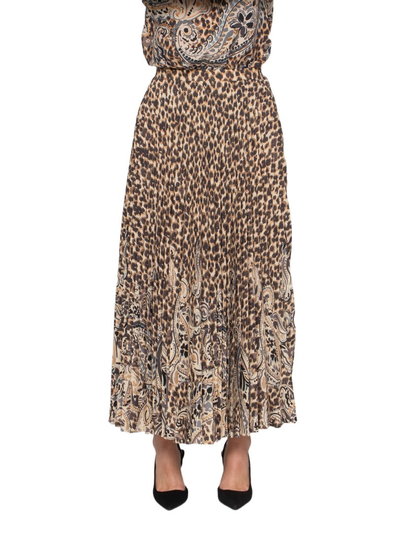 Etro Pleated Long Skirt With Mixed Animal And Paisley Print