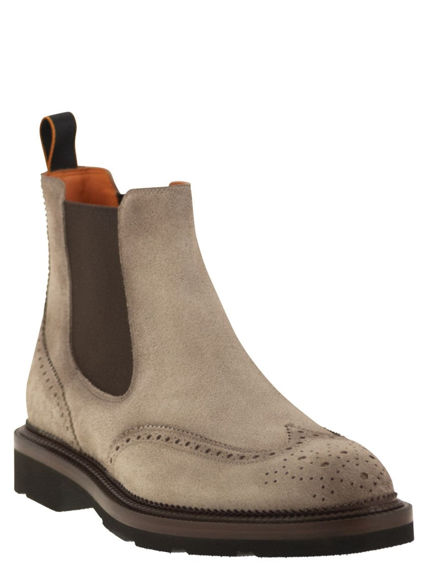 Santoni Chelsea Brogue Suede Ankle Boot
