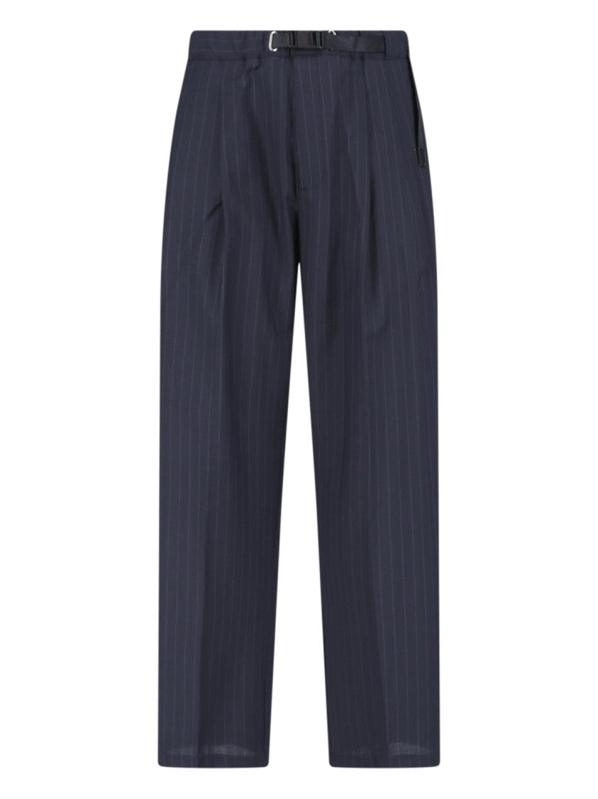 White Sand Black Pinstripe Straight-Leg Wool Trousers