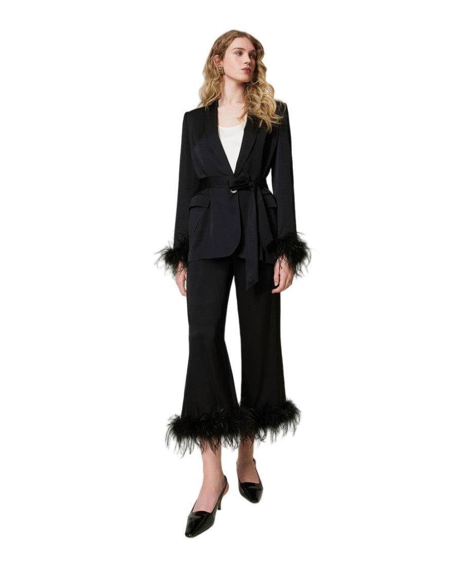 Twin-Set Black Viscose Satin Feather-Trimmed Cuffs Blazer