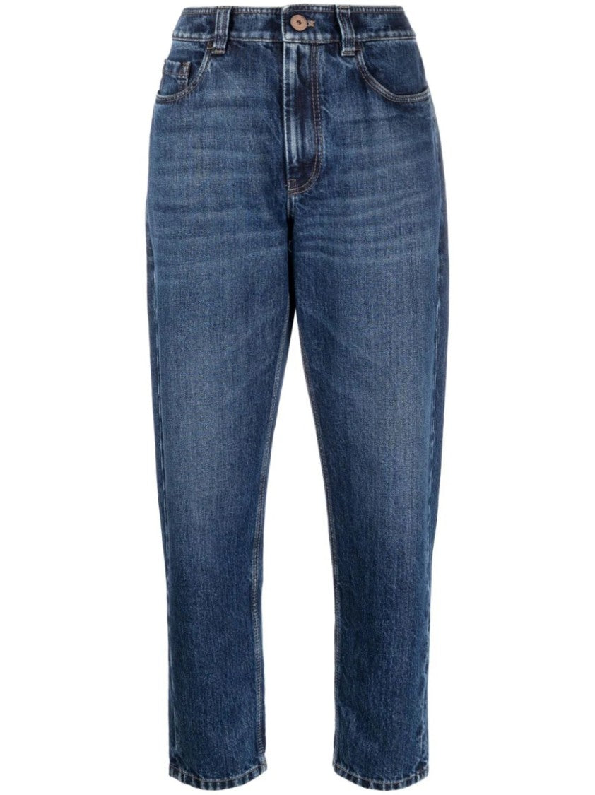 Brunello Cucinelli High-Waisted Cropped Denim Pants With Classic Blue Wash