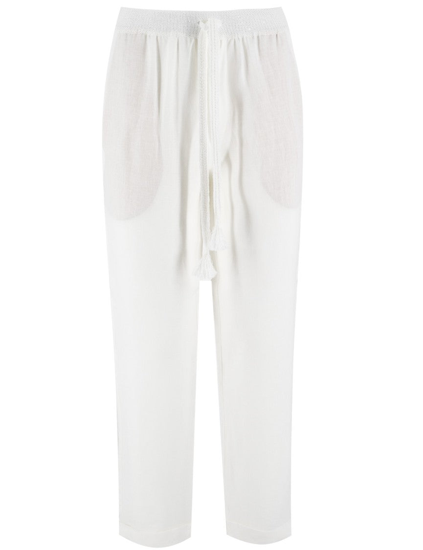 Le Tricot Perugia White Linen Drawstring Waist Pants With Design