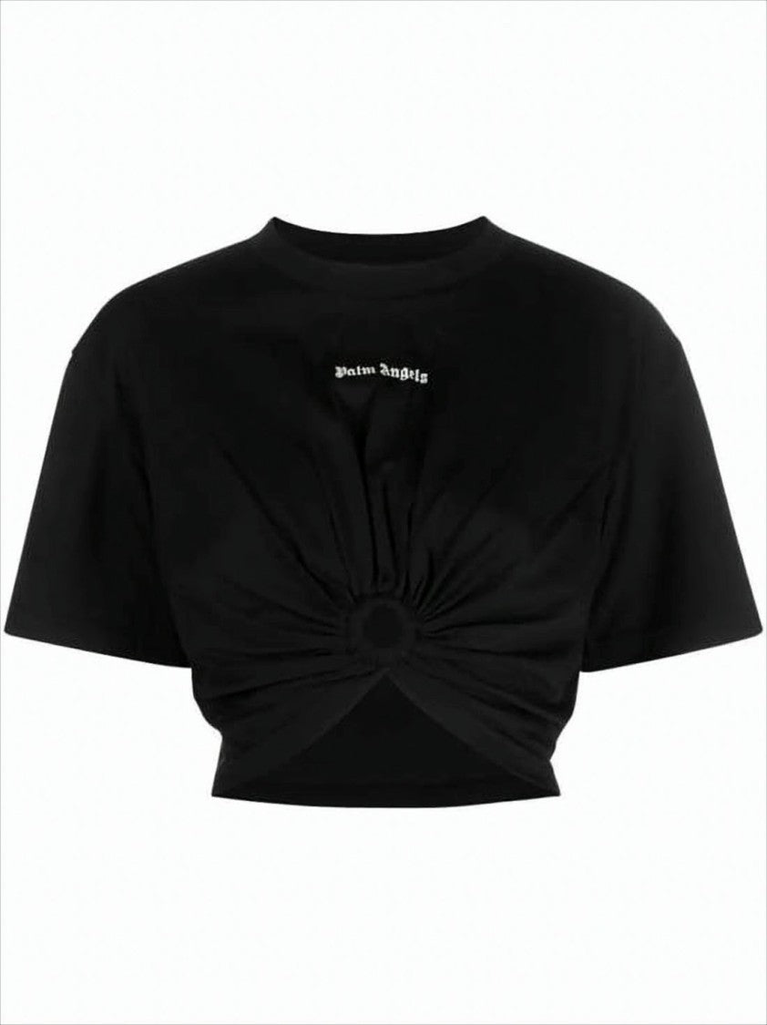 Palm Angels Cropped Black Cotton Top With Front Twist Detail