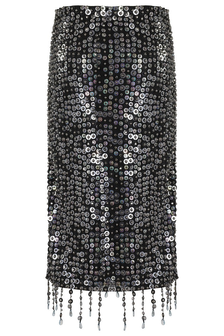 Pinko Fringed Black Sequined Midi Skirt With Removable Underskirt