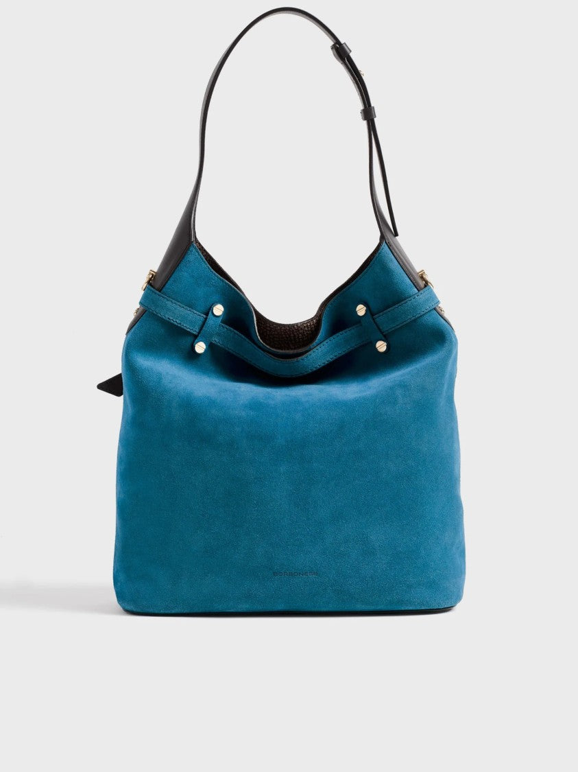 Borbonese Medium Teal Suede Bucket Bag With Adjustable Strap